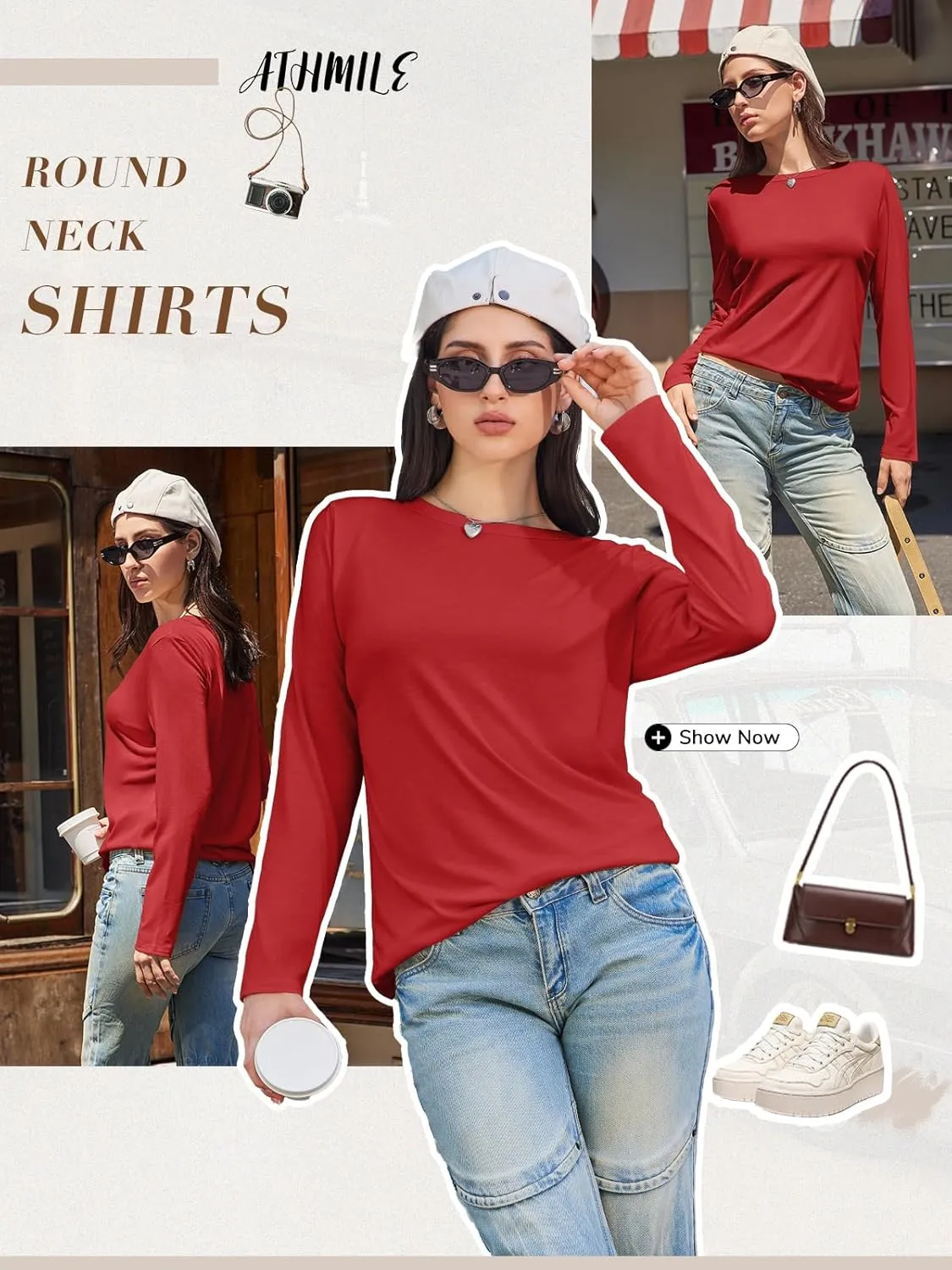 ATHMILE Womens Long Sleeve Shirts Basic Tee Fall Trendy Spring Top Business Casual Beach Vacation Workout 2025 Fashion
