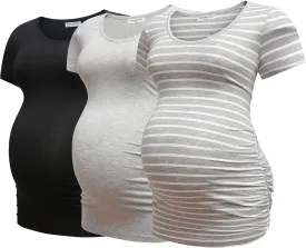 Bearsland Womens Maternity Tshirt 3 Packs Classic Side Ruched Tee Top Mama Pregnancy Clothes