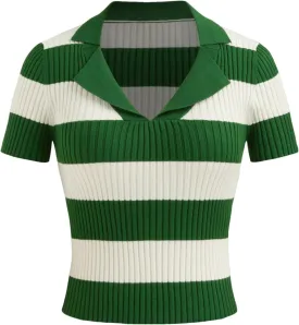 CIDER Striped Sweater Women Knit Polo Top Short Sleeve Regular Fit Casual Polo Neck Striped Knitwear