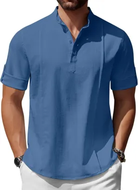 COOFANDY Men's Henley T-Shirts Short Sleeve Casual Button Henley Shirts Band Collar Tee Summer Beach Hippie Shirts
