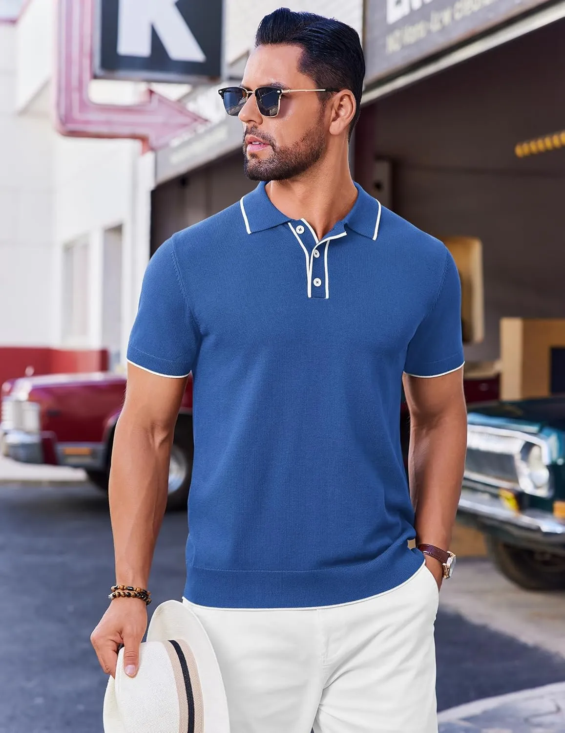 COOFANDY Mens Knit Polo Shirts Short Sleeve Vintage Stretch Polo T Shirts Casual Summer Golf Shirts