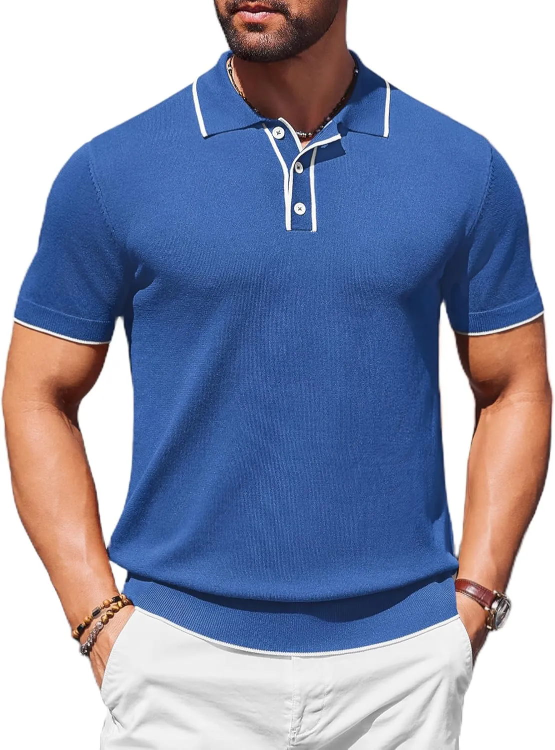 COOFANDY Mens Knit Polo Shirts Short Sleeve Vintage Stretch Polo T Shirts Casual Summer Golf Shirts