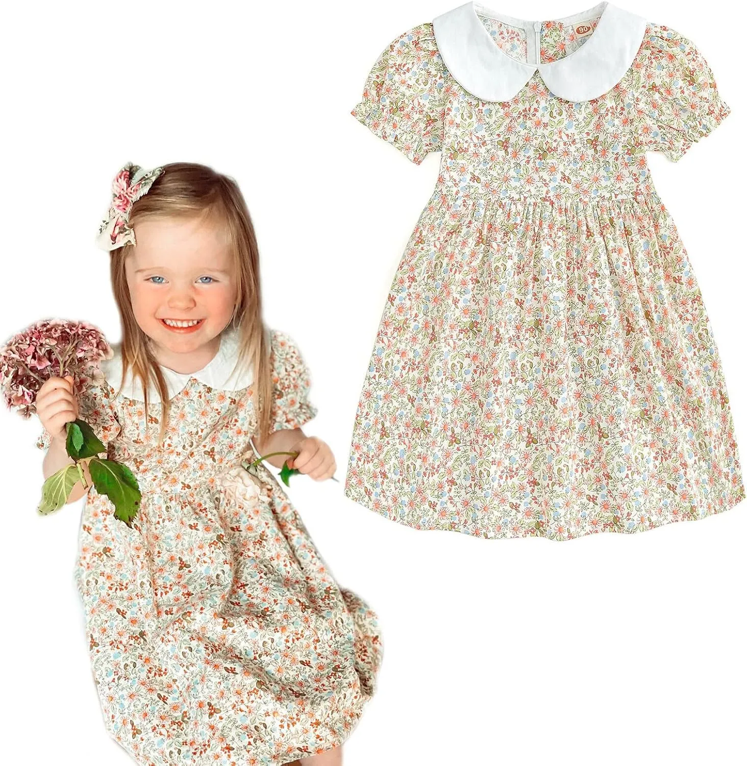 Curipeer Little Girls Summer Dress Floral Short Sleeve Cotton Casual Outfit Dress 12M-8Y