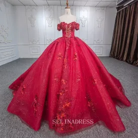Elegant Off the Shoulder Beaded Ball Gown Red Evening Dress For Women DY9973