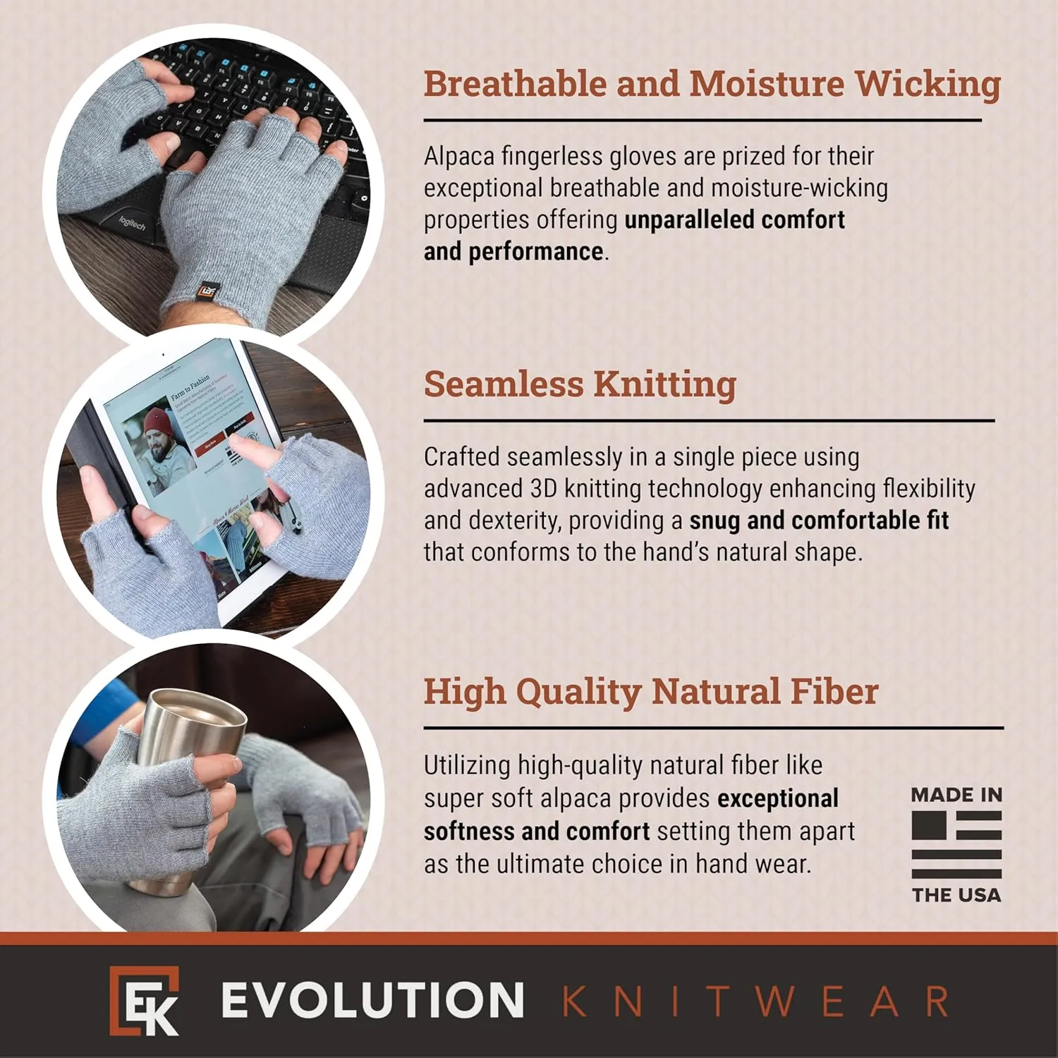 Evolution Knitwear Alpaca Knit Fingerless Gloves - Super Soft Baby Alpaca - Made in the USA - Large