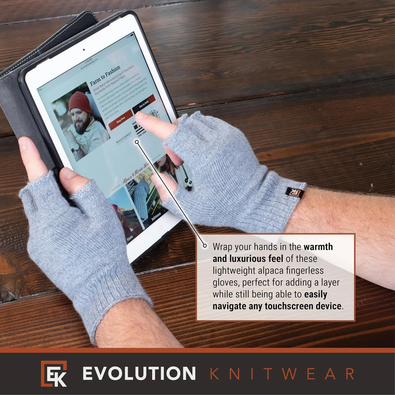 Evolution Knitwear Alpaca Knit Fingerless Gloves - Super Soft Baby Alpaca - Made in the USA - Large