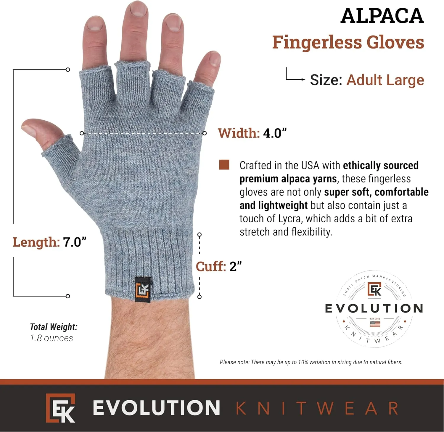 Evolution Knitwear Alpaca Knit Fingerless Gloves - Super Soft Baby Alpaca - Made in the USA - Large