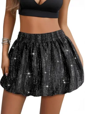 Ezcosplay Women Bubble Mini Skirt High Waisted Puffy Balloon Short Skirts Sparkly Glitter Y2K Going Out Club Skirt