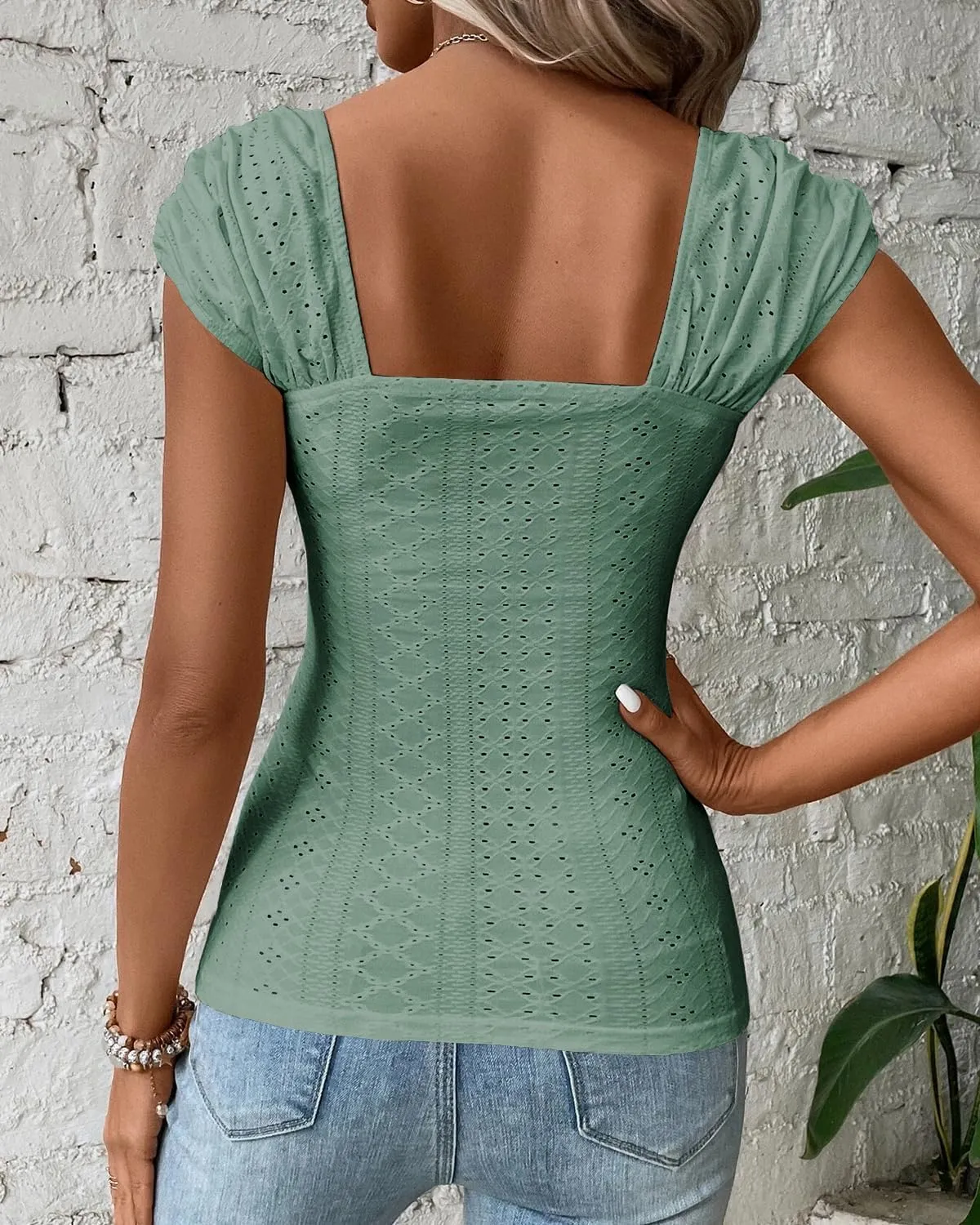 FSHAOES Womens Square Neck Tank Tops Cute Eyelet Cap Sleeve Tee Going Out Slim Fit Backless Shirts