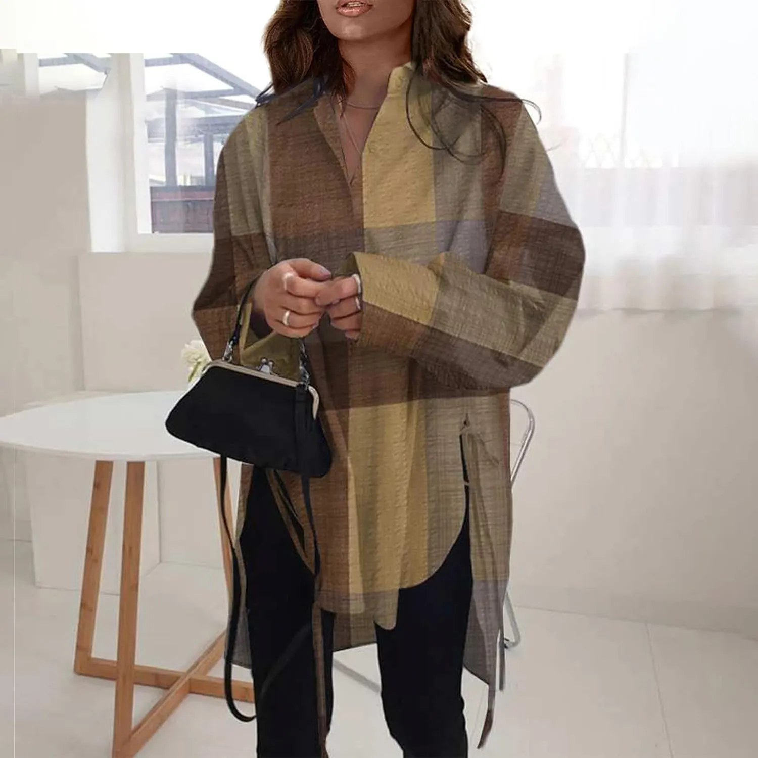 Generic Womens Long Sleeve Blouses Fashion Casual Solid/Printed Blouses & Button-Down Shirts Lapel Loose Type Womens Tops