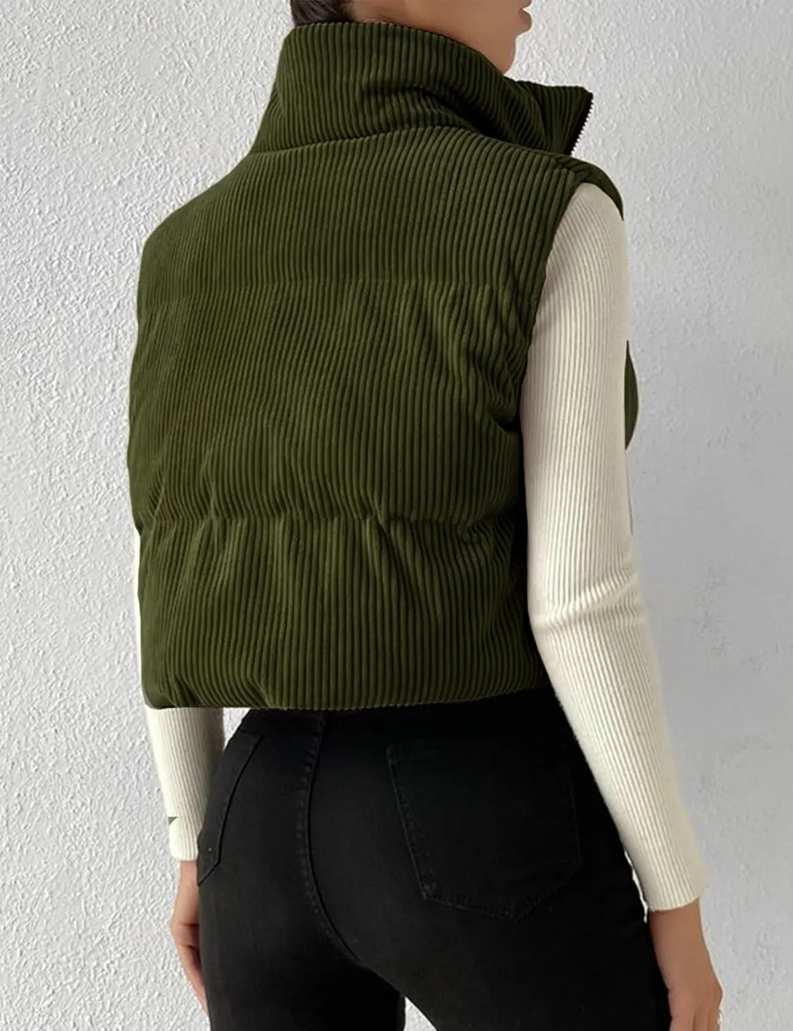 Gihuo Women's Corduroy Puffer Vest Cropped Stand Collar Zip Up Vest Quilted Sleeveless Jackets Gilet