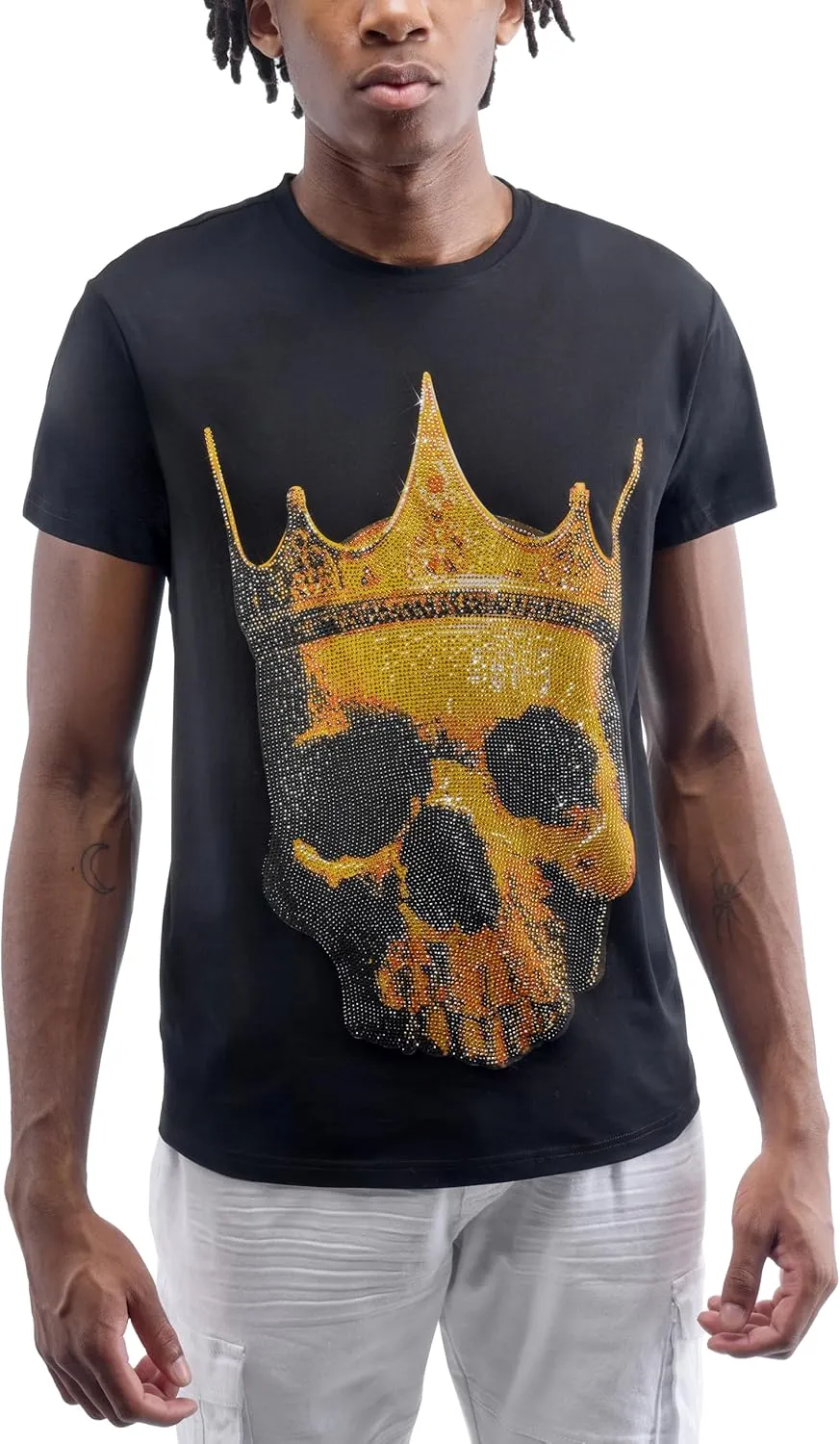 HEADS OR TAILS Mens Graphic T-Shirts w/Rhinestones, Skull Printed Bling Stone Studded, Slim Fit Knit Cool T Shirts for Men