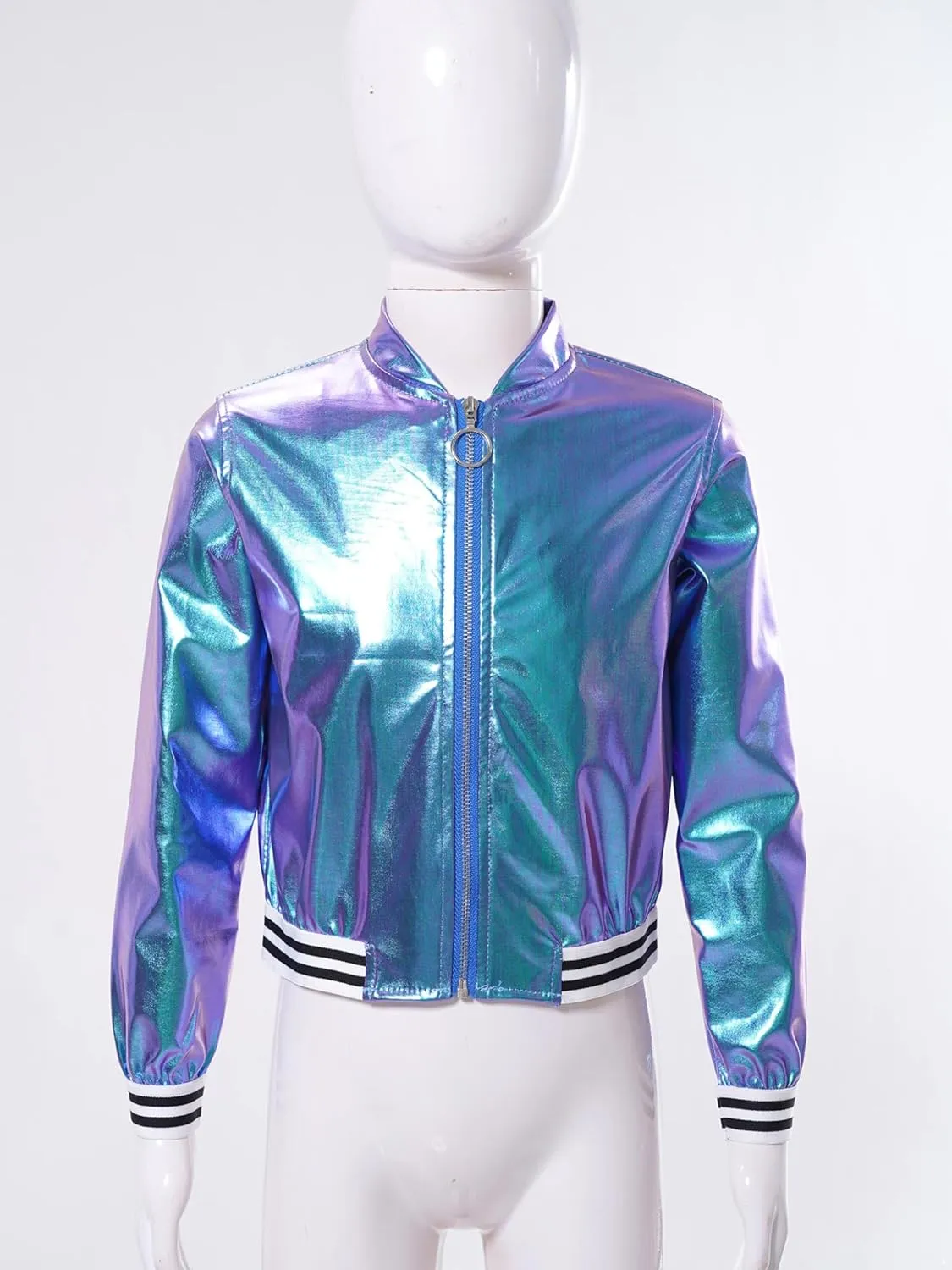 Kids Girls Holographic Halloween Party Shiny Lightweight Zipper Blazer Metallic Bomber Jacket