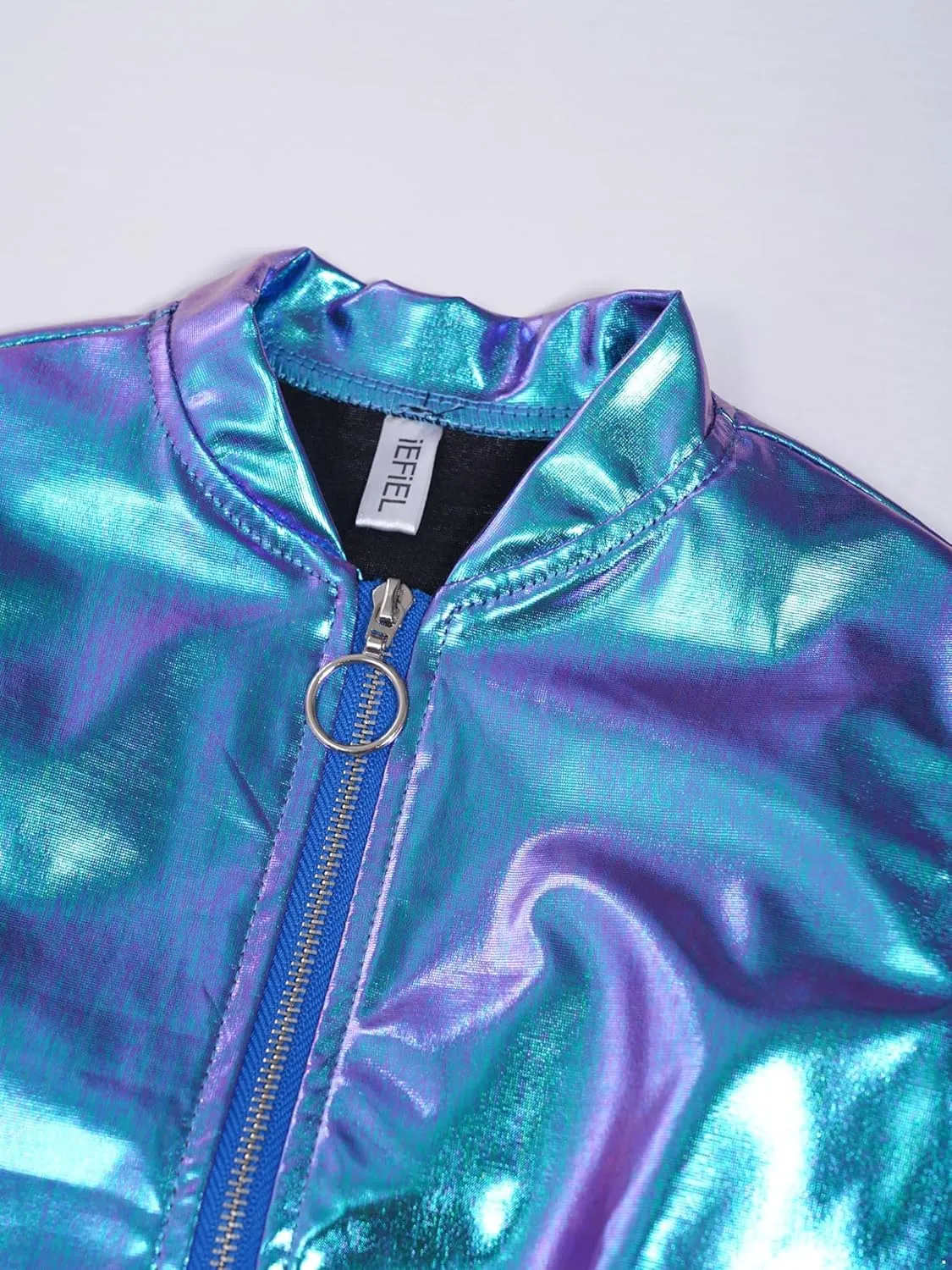 Kids Girls Holographic Halloween Party Shiny Lightweight Zipper Blazer Metallic Bomber Jacket