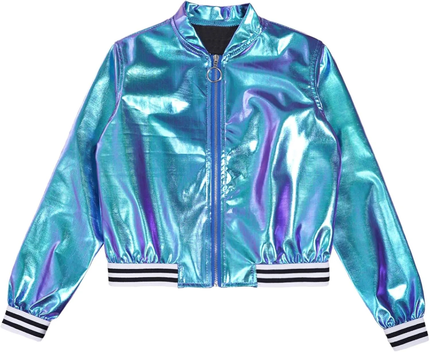 Kids Girls Holographic Halloween Party Shiny Lightweight Zipper Blazer Metallic Bomber Jacket