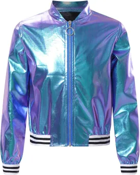 Kids Girls Holographic Halloween Party Shiny Lightweight Zipper Blazer Metallic Bomber Jacket