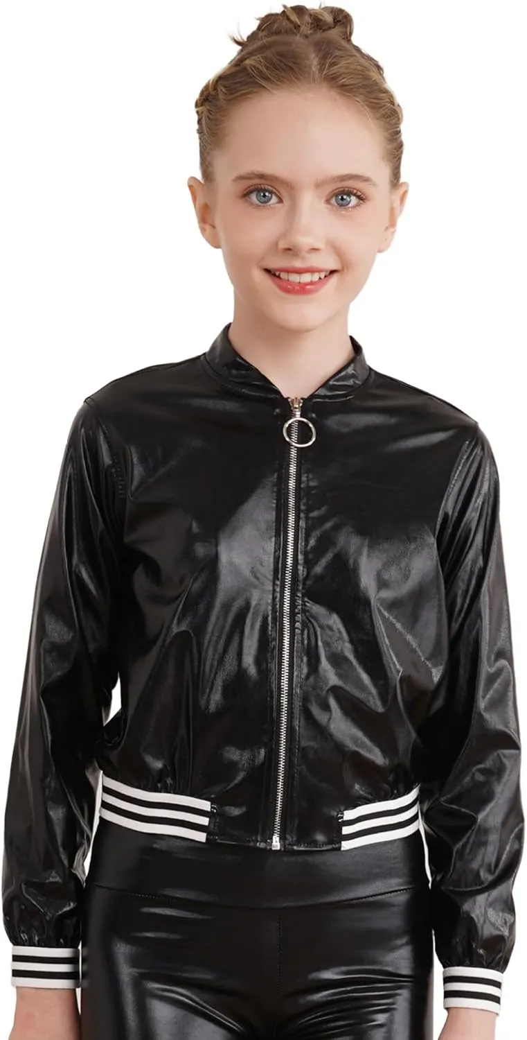Kids Girls Holographic Halloween Party Shiny Lightweight Zipper Blazer Metallic Bomber Jacket