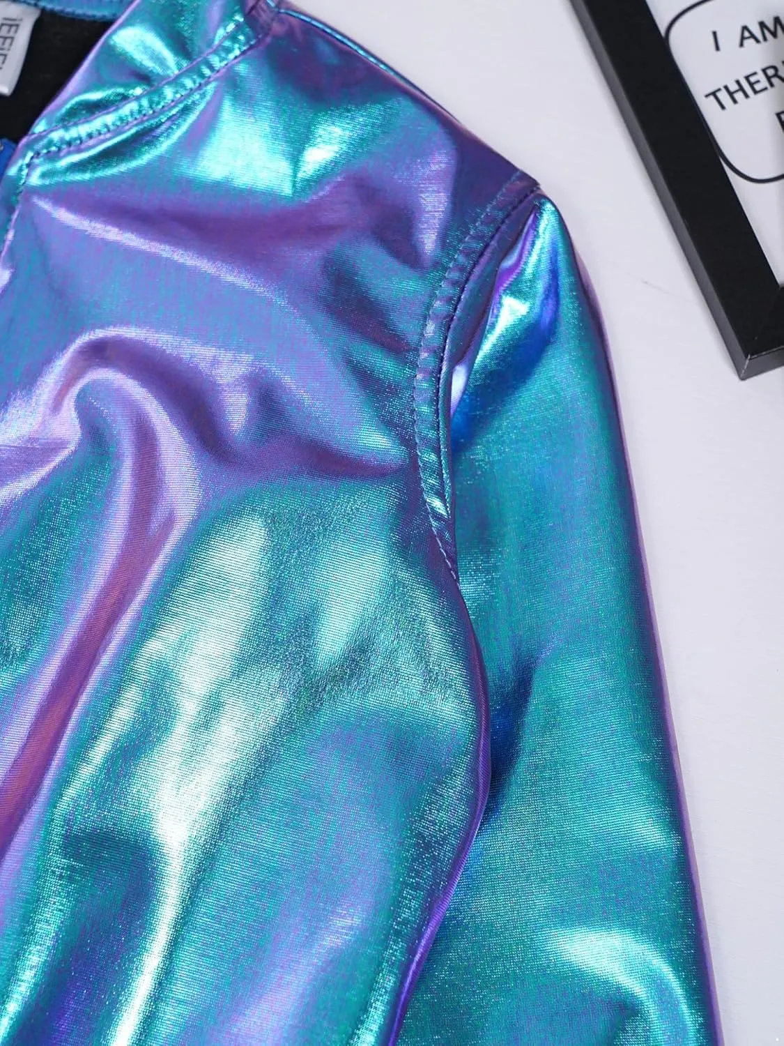Kids Girls Holographic Halloween Party Shiny Lightweight Zipper Blazer Metallic Bomber Jacket