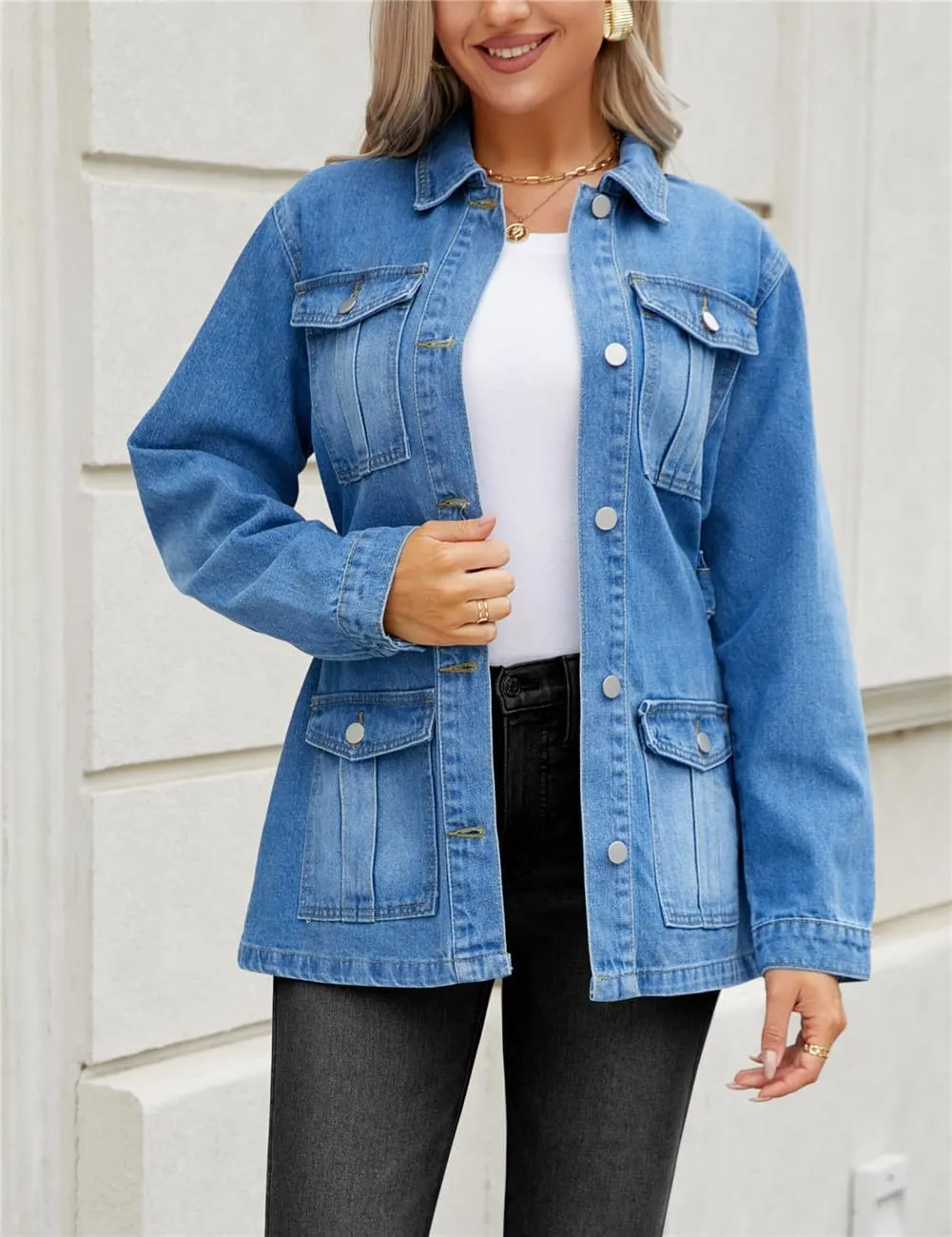 Ladyful Womens Denim Jacket Long Sleeve Jean Coat Outerwear with Blet