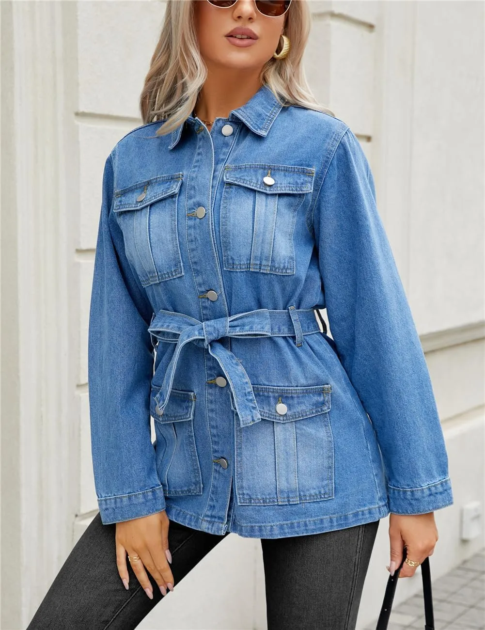 Ladyful Womens Denim Jacket Long Sleeve Jean Coat Outerwear with Blet