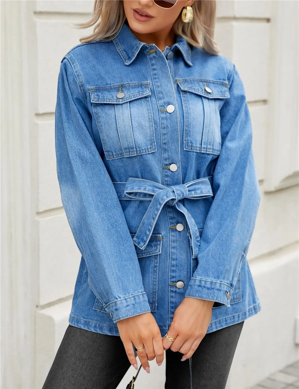 Ladyful Womens Denim Jacket Long Sleeve Jean Coat Outerwear with Blet