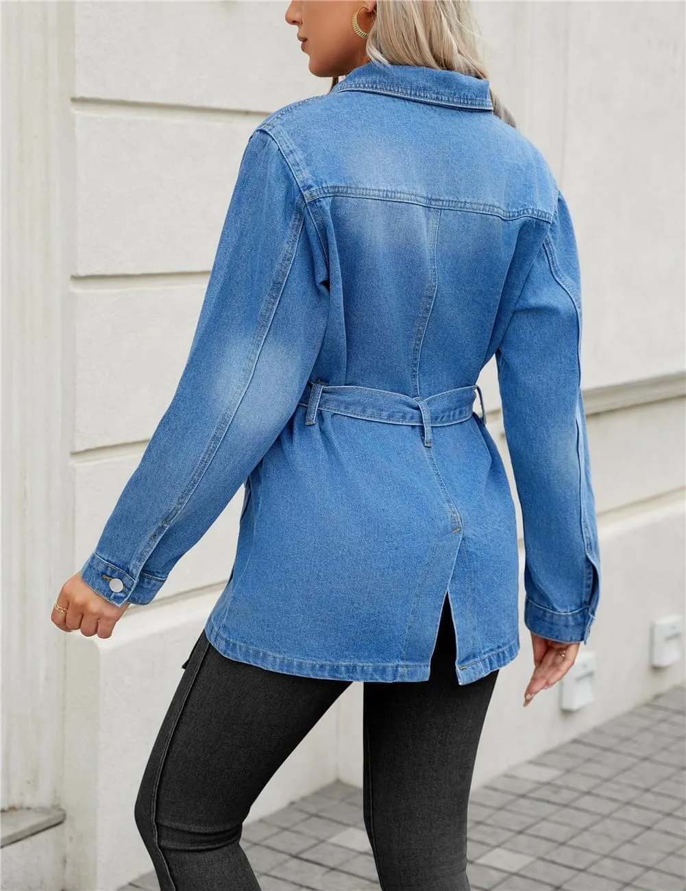 Ladyful Womens Denim Jacket Long Sleeve Jean Coat Outerwear with Blet
