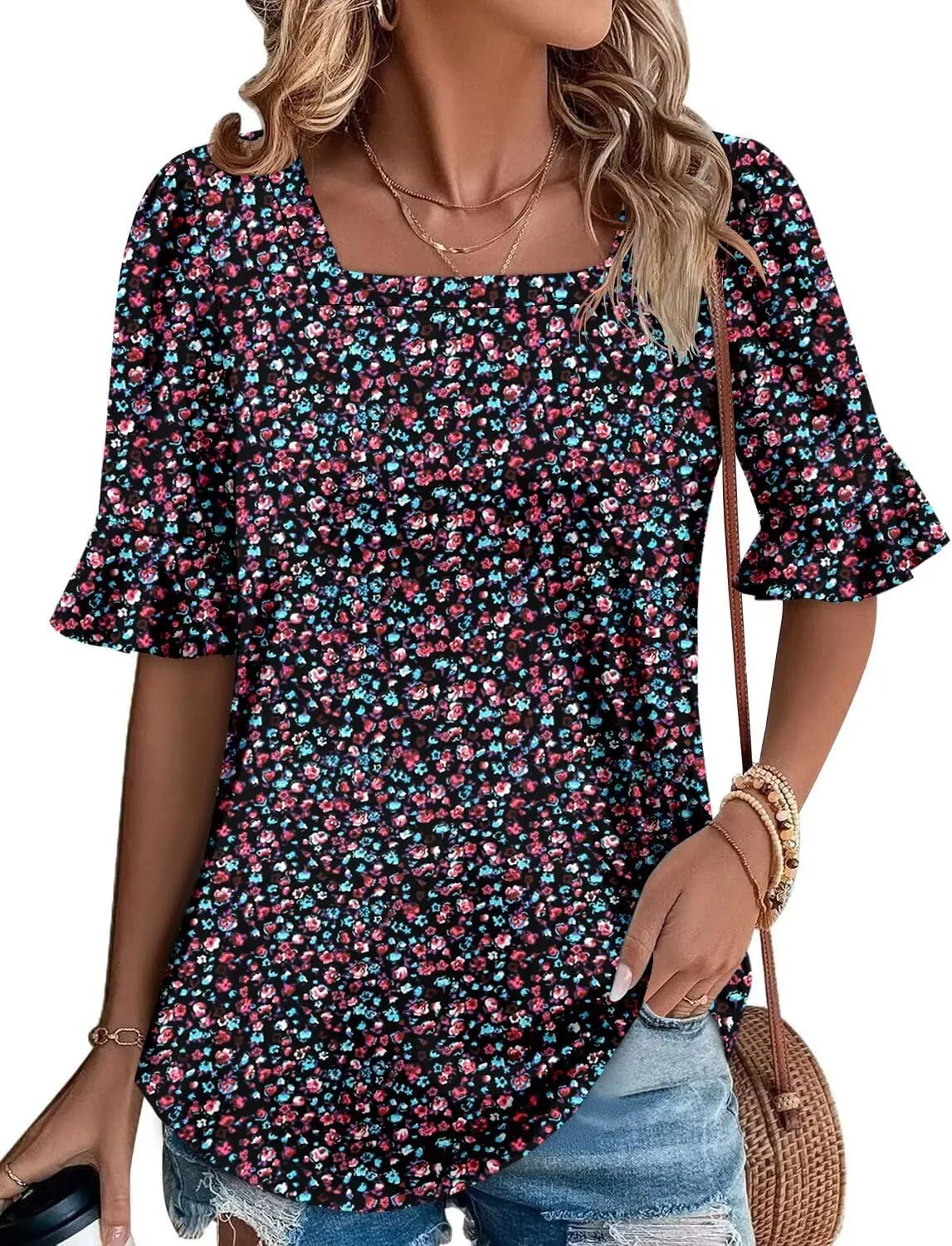 Magritta Womens Business Casual Tops Summer Fashion 3/4 Ruffle Sleeve T Shirts Dressy Casual Tunic Blouse