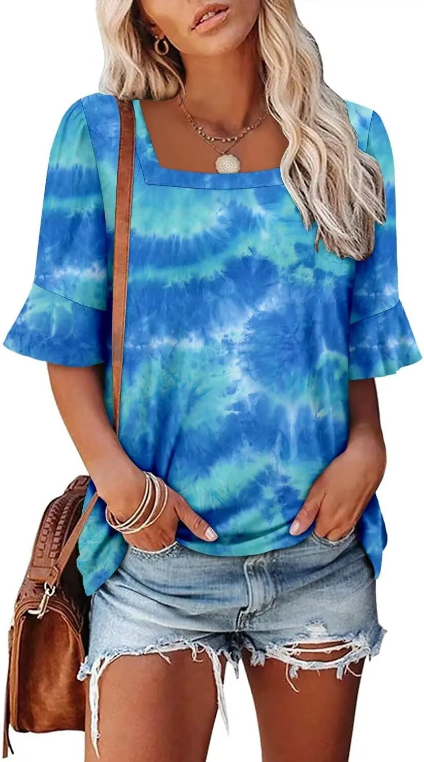 Magritta Womens Business Casual Tops Summer Fashion 3/4 Ruffle Sleeve T Shirts Dressy Casual Tunic Blouse