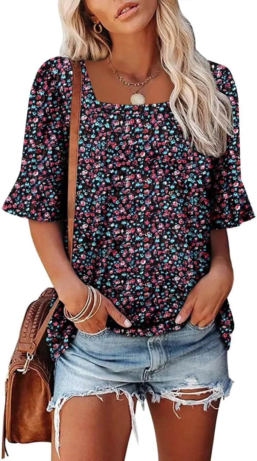 Magritta Womens Business Casual Tops Summer Fashion 3/4 Ruffle Sleeve T Shirts Dressy Casual Tunic Blouse