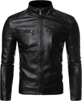 Maiyifu-GJ Men's Motorcycle Leather Jacket Vintage Stand Collar Faux Leather Jacket Lightweight Slim Fit Zipper Biker Coat