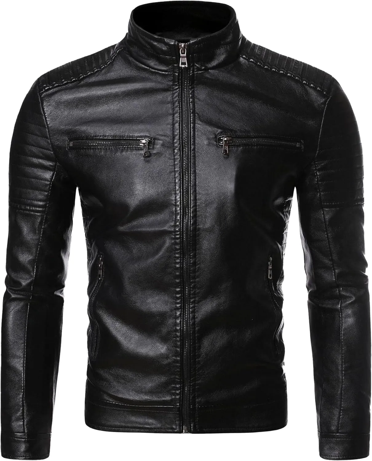 Maiyifu-GJ Men's Motorcycle Leather Jacket Vintage Stand Collar Faux Leather Jacket Lightweight Slim Fit Zipper Biker Coat