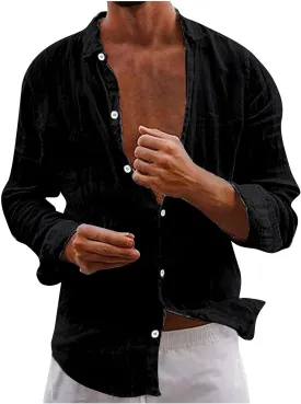 Men's Cotton Linen Long Sleeve Shirt V Neck Casual Button Down Blouse Solid Color Loose Tops Comfy Lightweight Tee