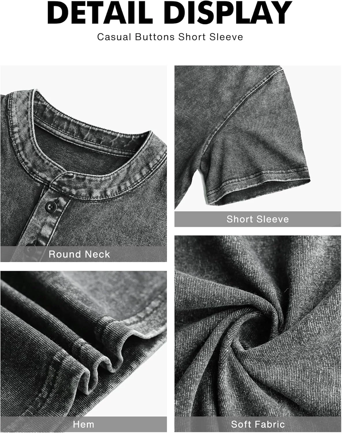 NITAGUT Mens Distressed Henley Shirts Retro Short Sleeve Cotton Tee Shirts Casual Button Down Washed T-Shirts