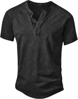 NITAGUT Mens Distressed Henley Shirts Retro Short Sleeve Cotton Tee Shirts Casual Button Down Washed T-Shirts