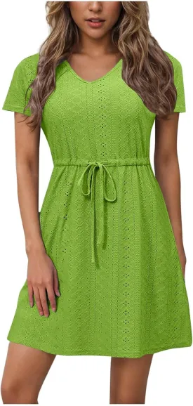 Oplxuo Women Short Sleeve Eyelet Embroidery Mini Dress V-Neck Drawstring Waist Summer Casual Sundress Vacation Beach Dresses