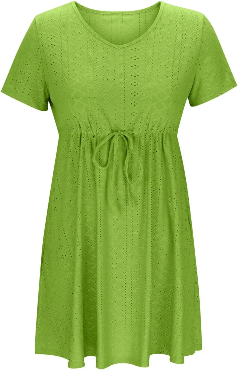 Oplxuo Women Short Sleeve Eyelet Embroidery Mini Dress V-Neck Drawstring Waist Summer Casual Sundress Vacation Beach Dresses