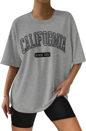 ORANDESIGNE Women Oversized Letter Print T Shirts Crewneck Graphic Short Sleeve Tees