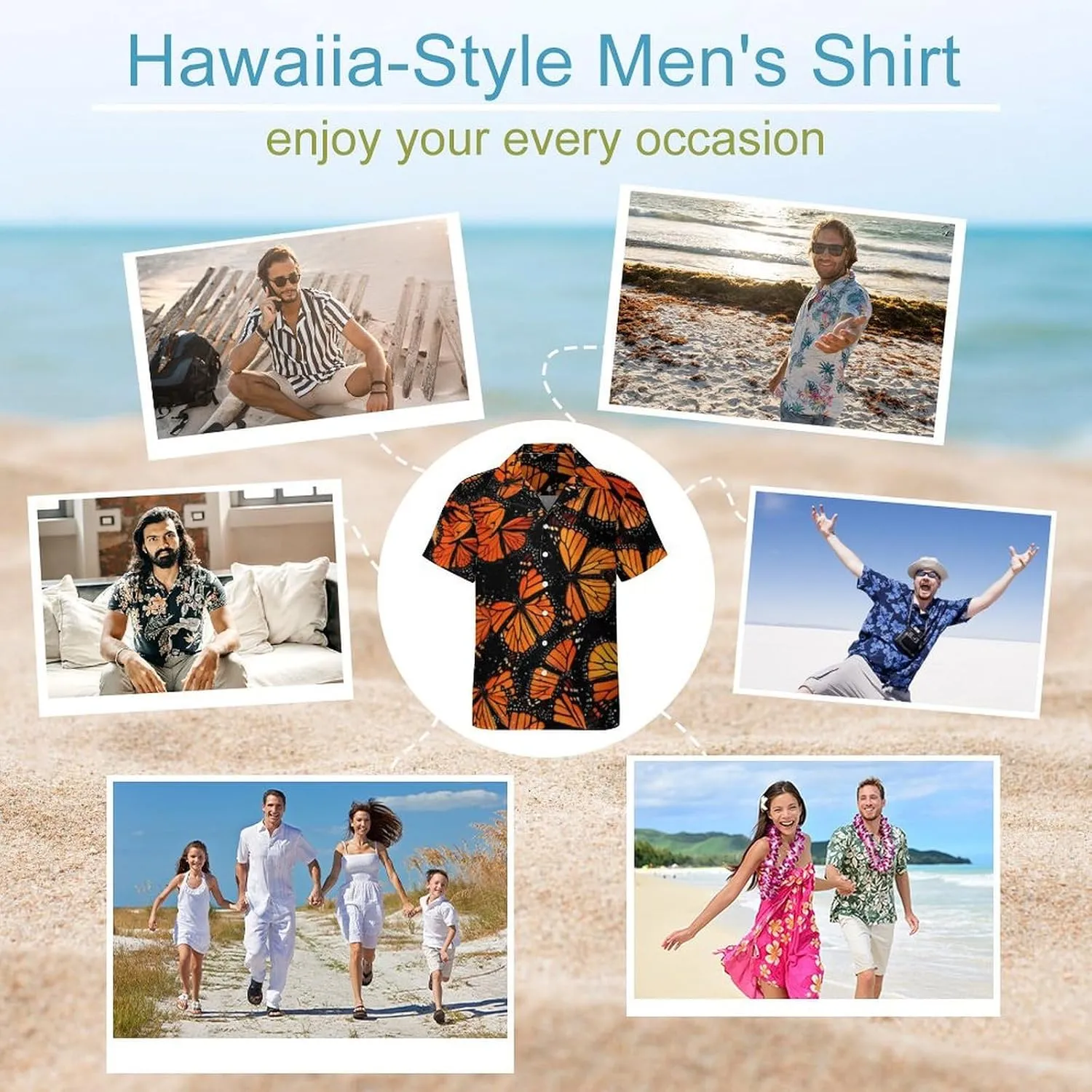 Orange Monarch Butterflies Printed Men's Hawaiian Shirt Cuban Collar Shirt Short Sleeve Button Down Tops Beach T Shirts