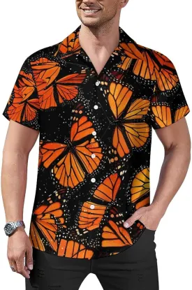 Orange Monarch Butterflies Printed Men's Hawaiian Shirt Cuban Collar Shirt Short Sleeve Button Down Tops Beach T Shirts
