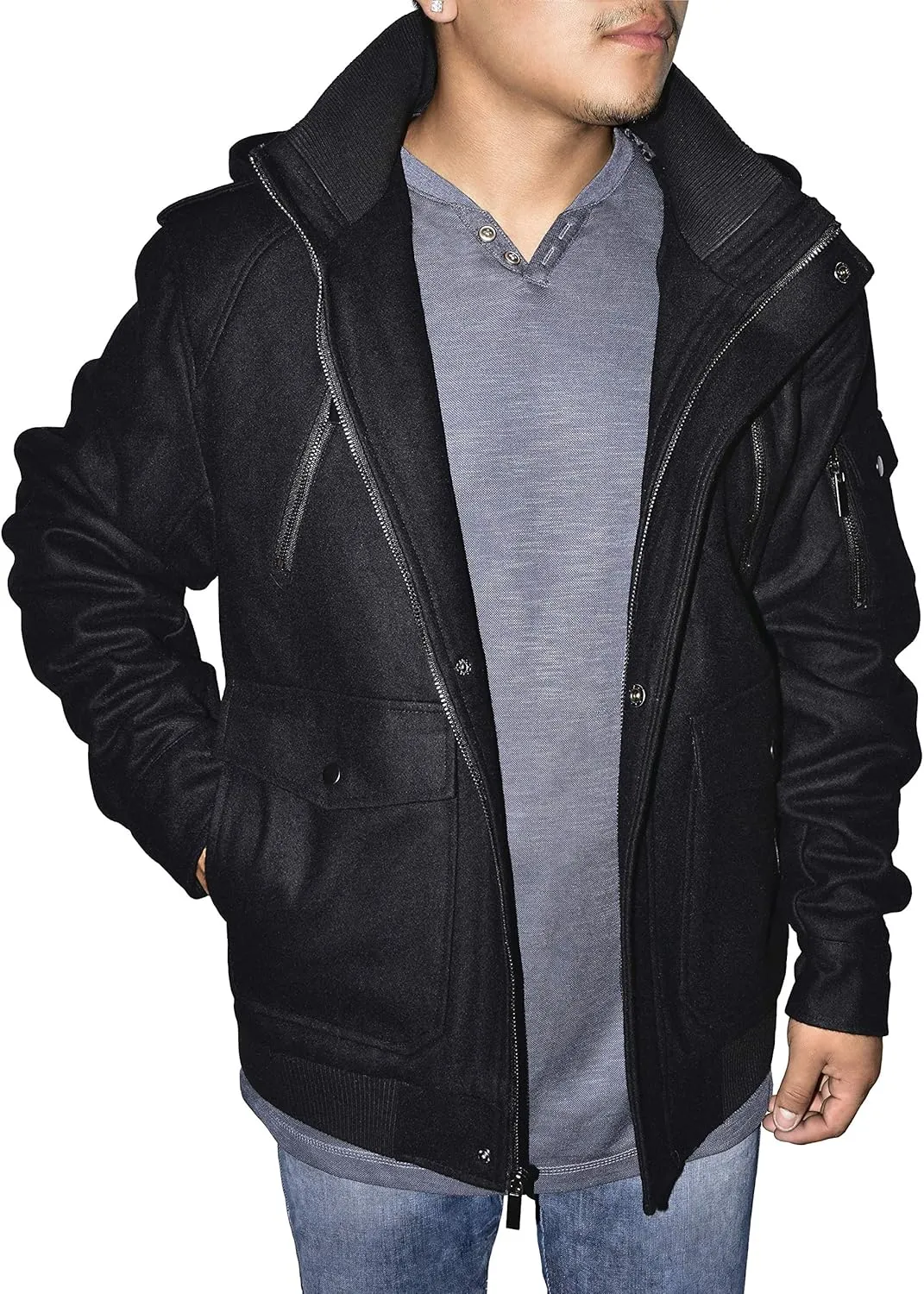 Outfitters Men's Removable Hooded Wool Blend Bomber Jacket