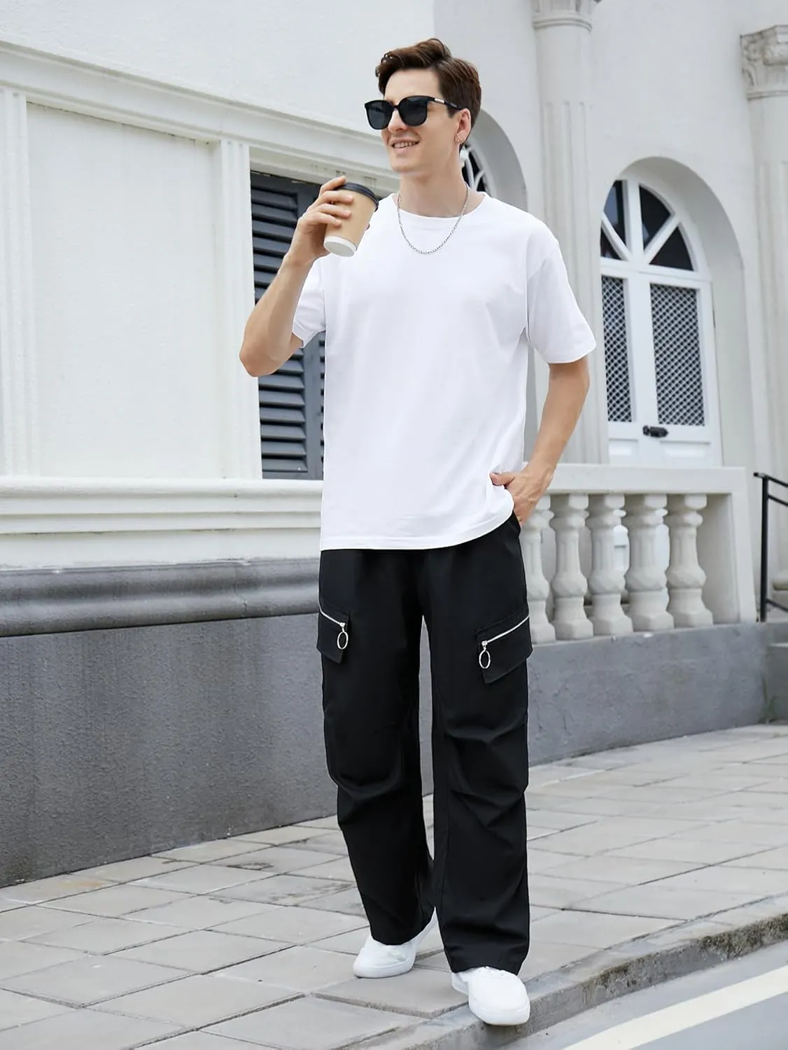 OYOANGLE Men's Casual Cargo Pants Drawstring Elastic Waist Flap Pocket Street Baggy Jogger Trousers
