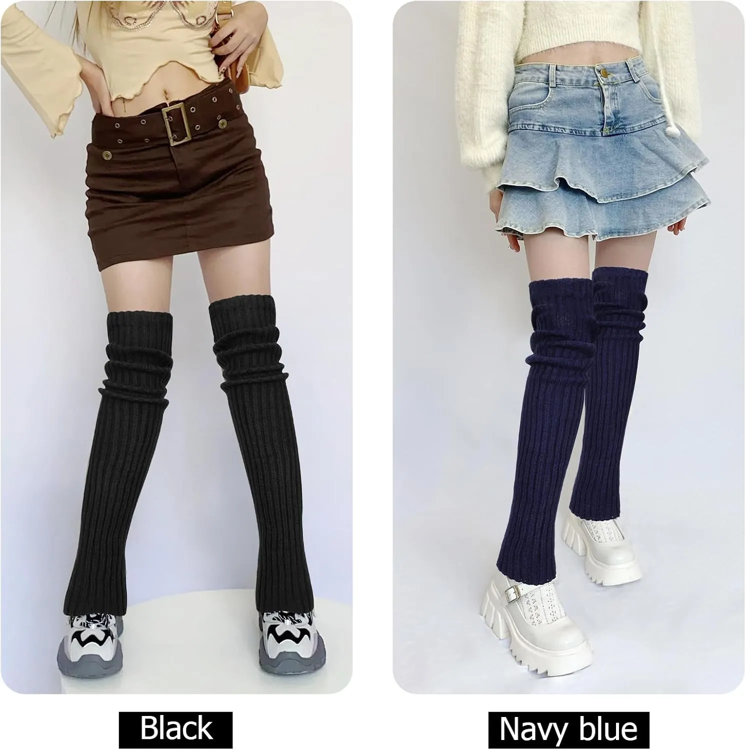 PHOGARY 2 Pairs Winter Leg Warmers Thigh High Socks Over Knee Footless Socks Knitted Long Boot Cuffs Topper Socks for Women