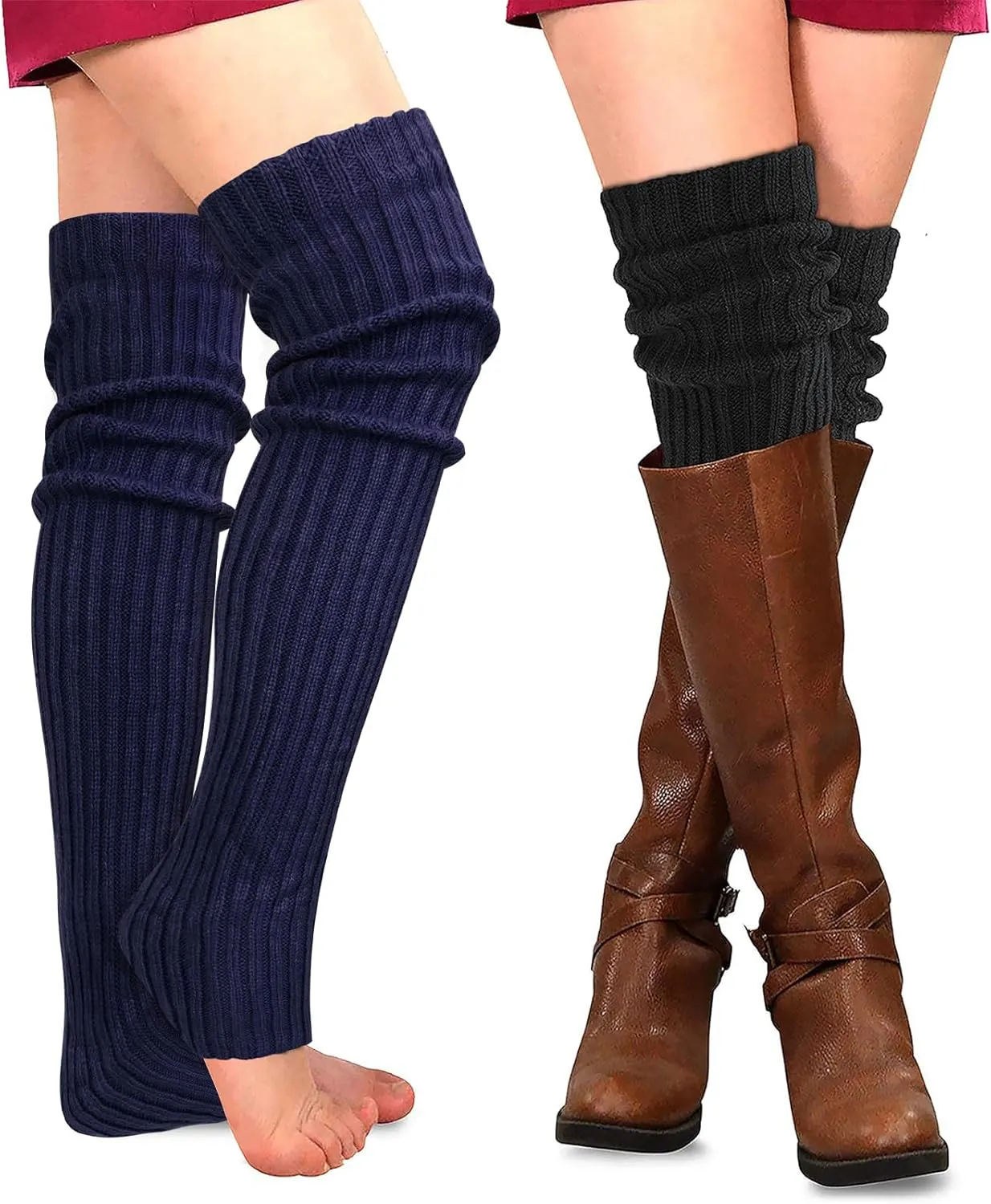 PHOGARY 2 Pairs Winter Leg Warmers Thigh High Socks Over Knee Footless Socks Knitted Long Boot Cuffs Topper Socks for Women