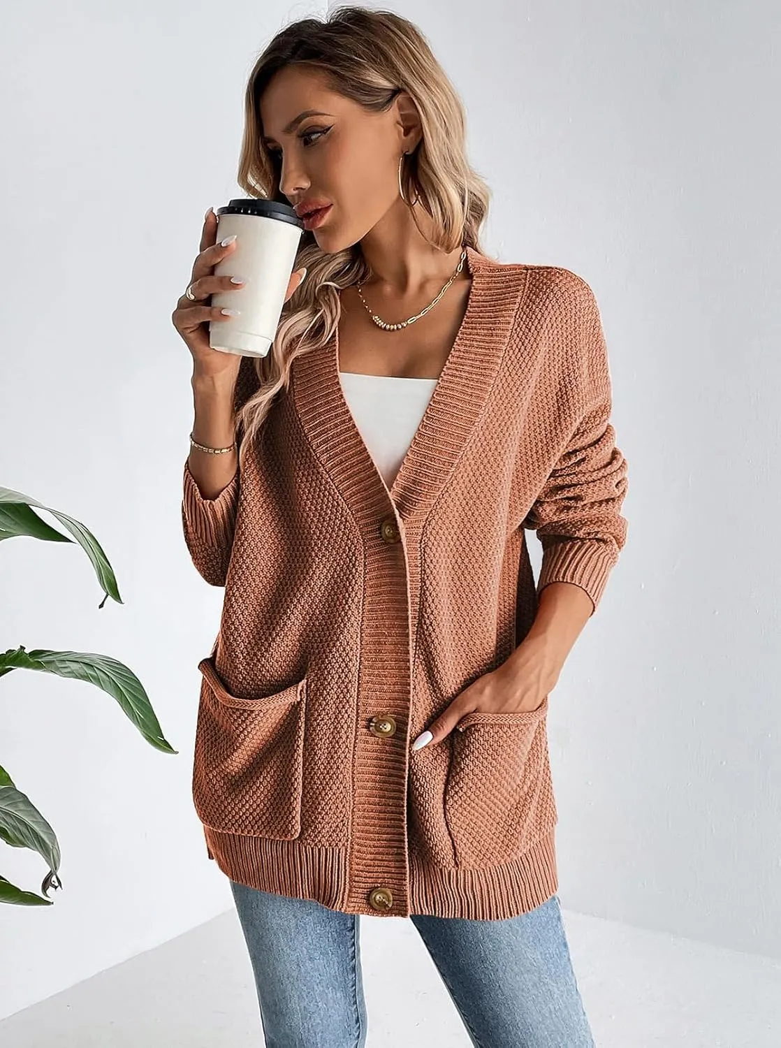 Pink Queen 2024 Fall Sweater Cardigan for Women Long Sleeve Button Down Open Front Oversized Cardigans with Pockets