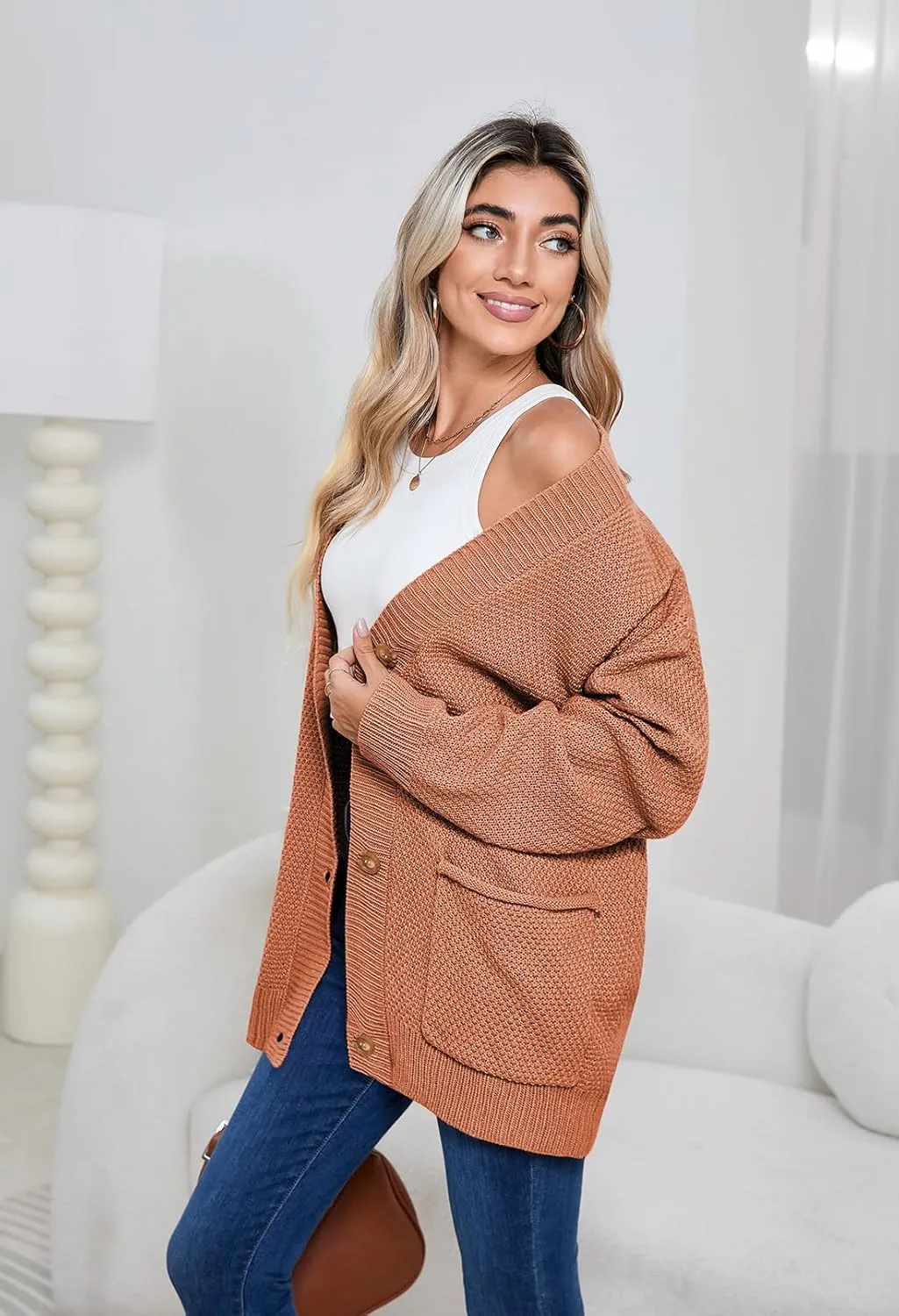 Pink Queen 2024 Fall Sweater Cardigan for Women Long Sleeve Button Down Open Front Oversized Cardigans with Pockets