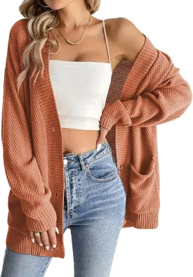 Pink Queen 2024 Fall Sweater Cardigan for Women Long Sleeve Button Down Open Front Oversized Cardigans with Pockets
