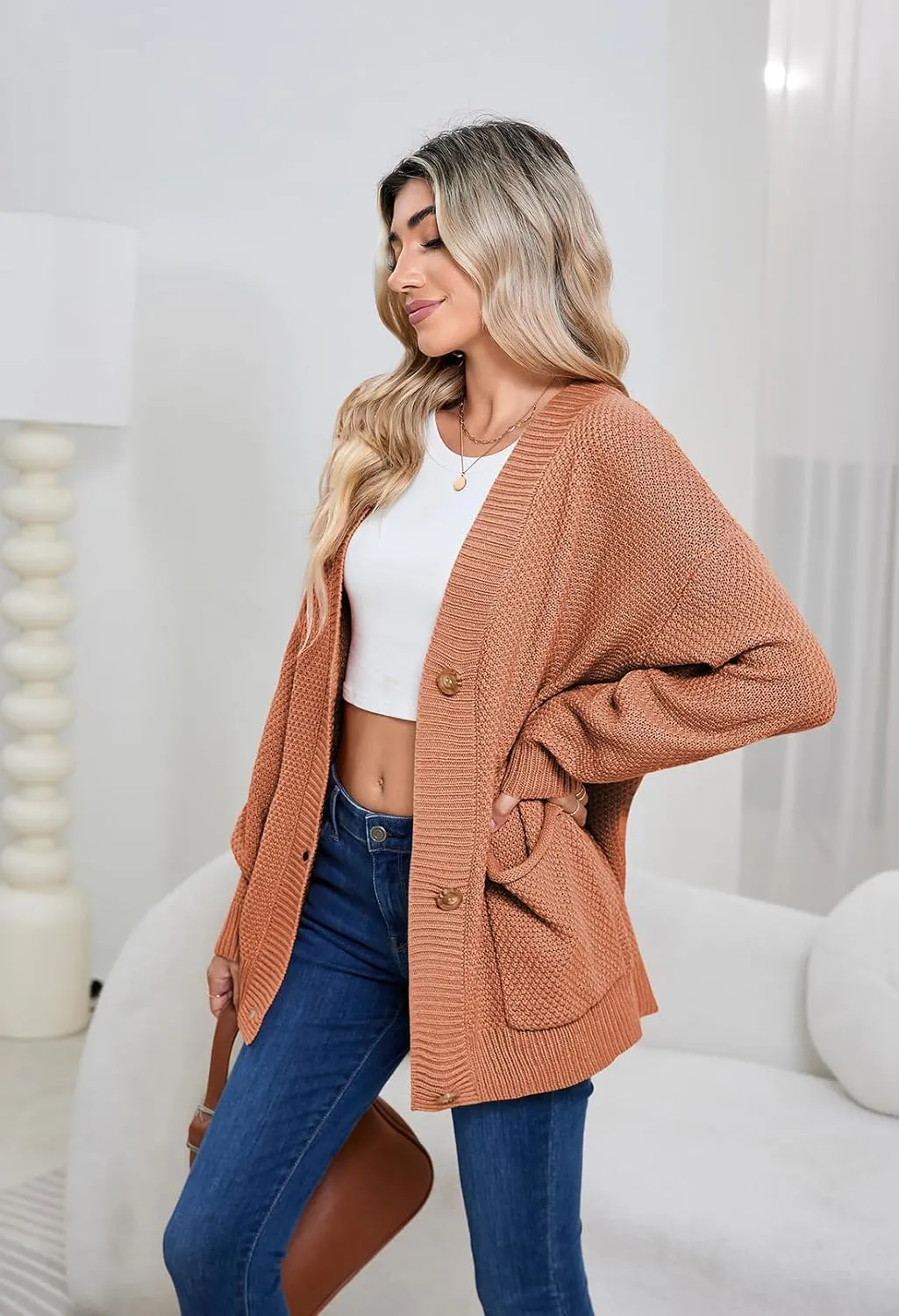 Pink Queen 2024 Fall Sweater Cardigan for Women Long Sleeve Button Down Open Front Oversized Cardigans with Pockets