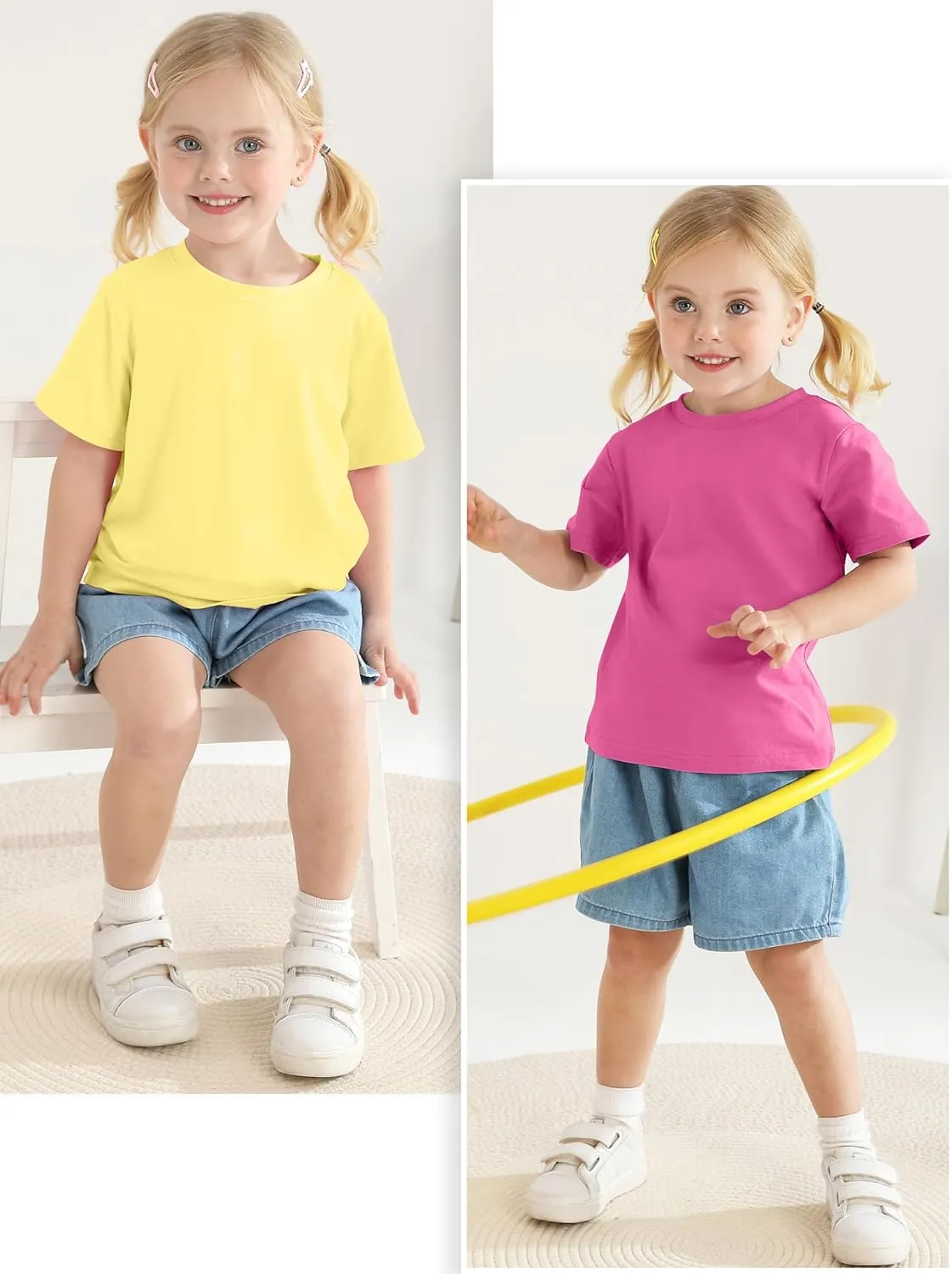 Poroka Baby and Toddler Girls Short Sleeve T-Shirts Cotton Crewneck Shirts Basic Solid Tees Summer Casual Tops, Multipack