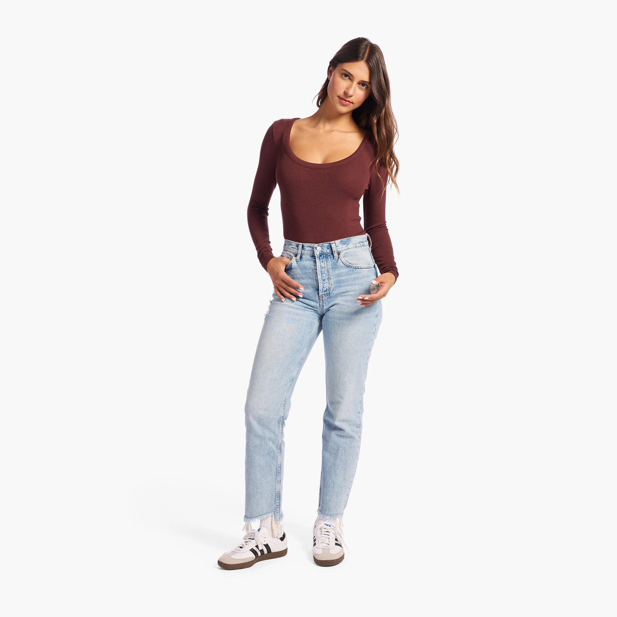 Slinky Rib Long Sleeve Bodysuit | Black Cherry