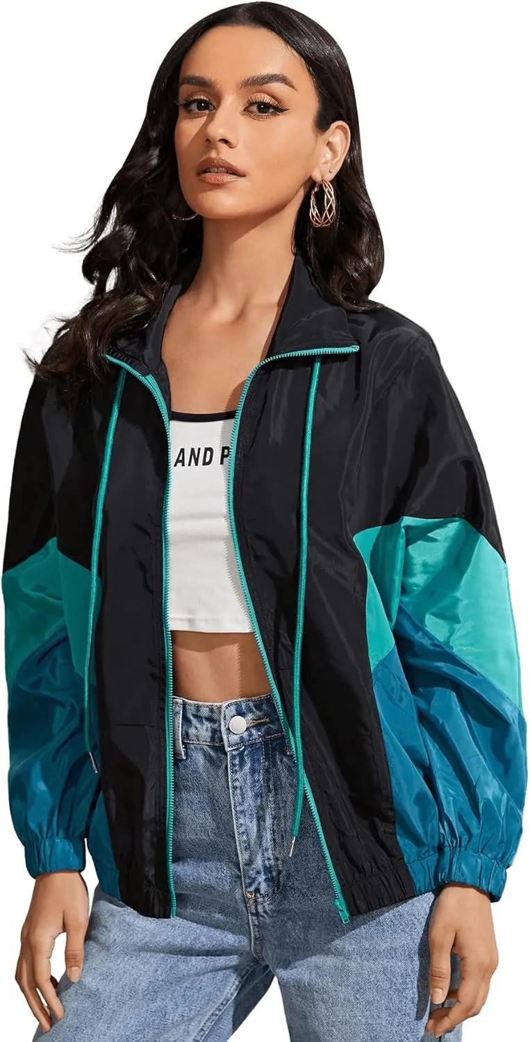 SweatyRocks Women's Lightweight Windbreaker Patchwork Zipper Sport Jacket Coat Outerwear